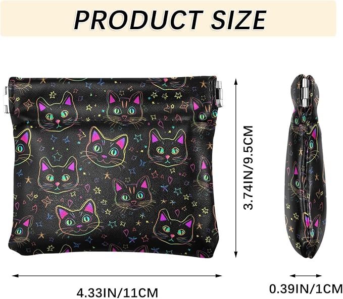 Neon Cat Women's Waterproof PU Leather Coin Purse, Slim Travel Wallet with Zipper - Compact Card Holder & Jewelry Organizer for Cash, Keys, Lipstick