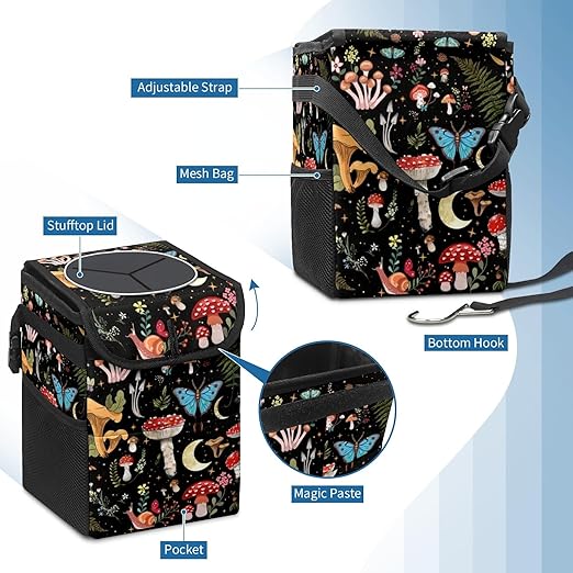 Car Trash Can with Lid Vintage Mushroom Ferns Floral Collapsible Reusable Leak-Proof Auto Garage Bag,Hanging Vehicle Car Accessories Interior Car Organizer
