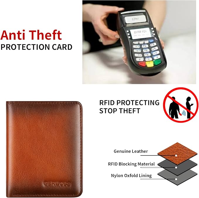 Bifold Slim Men Wallet Genuine Leather Thin, Small Vertical RFID Blocking Wallets for Men ，Compact & Stylish with Clear ID Windows (Brown)