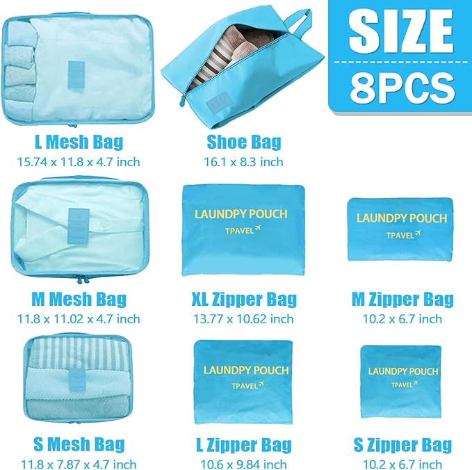 8 Set Packing Cubes for Travel Luggage Packing Bags Reusable Waterproof Suitcase Organizer Cubes Set with Shoe Bag and Toiletry Bag (Sky Blue)