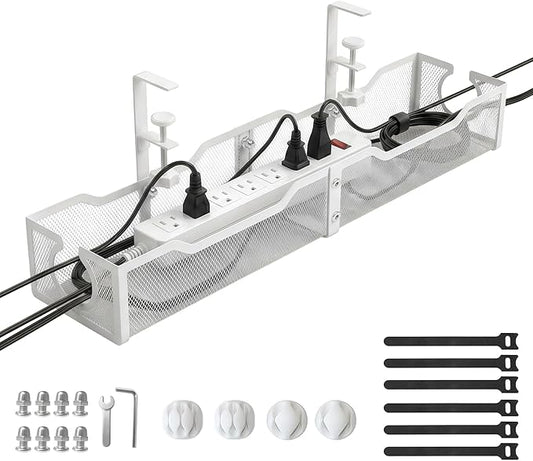 Upgraded 25.2'' Under Desk Cable Management Tray, No Drill Clamp-On Design Wire Organizer, Cable Organization Box for No Damage to Desk, Metal Cord Organizer for Home Office, White