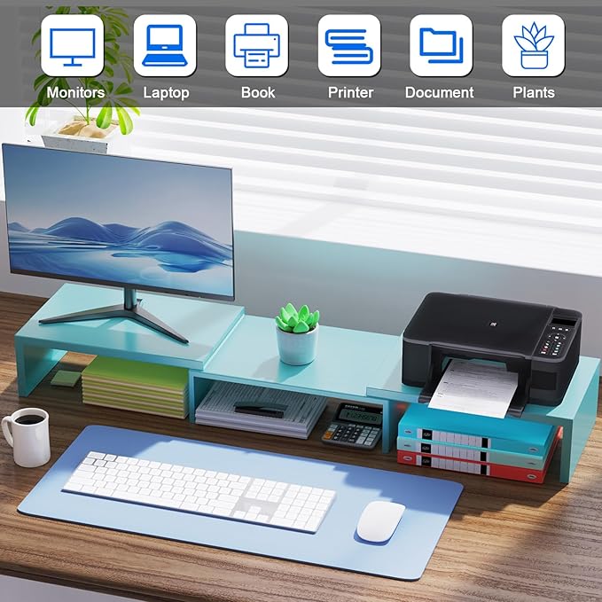 Desk Organizers and Accessories, Dual Monitor Stand Riser, Monitor Desk Shelf for Desktop Organization (Blue)