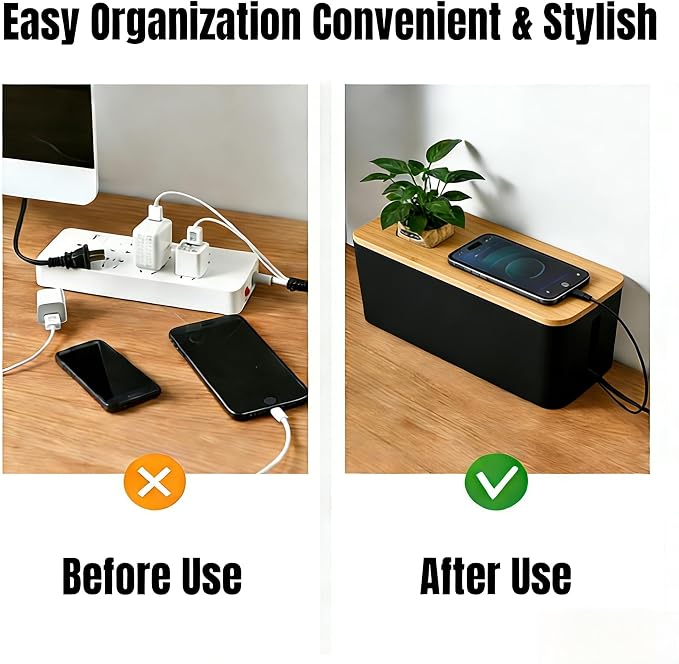 1 Large + 1 Small Cable Management Box Set – 2-Piece Cord Organizer Box, Home Office Desk Wire Storage & Cable Management Solution (Bamboo Lid/Black)