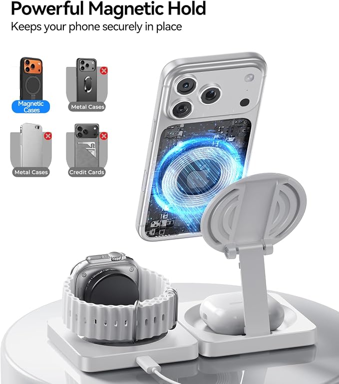 Wireless Charger for iPhone, 3-in-1 Magnetic Charging Station for Apple Device, MagSafe Charger Stand for iPhone 17 16 15 14 13 12 Series, Apple Watch Ultra, Airpods Pro, Foldable, White