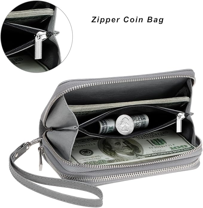 Cellphone Wallet for Women Dual Zipper Long Purse with Removable Wristlet