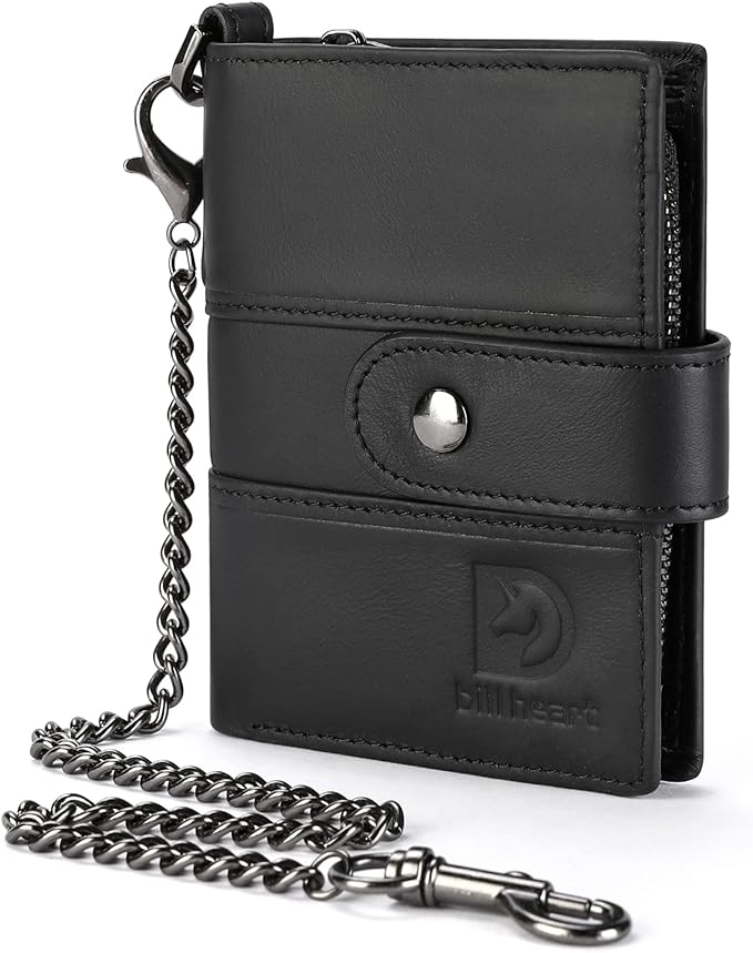 bill heart Chain Wallets for Men, RFID Blocking Genuine Leather Wallets with Anti-Theft Chain