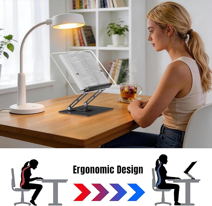 HAUTOCO Adjustable Acrylic Book Stand for Reading, 360° Rotating Base, Foldable Desktop Book Holder with Elastic Page Clips, Hands-Free Cookbook Stand for Laptop, Tablet, Recipe, Textbook, Music Score