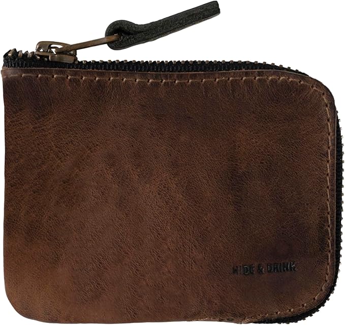 Hide & Drink, Full Grain Leather Zippered Card Wallet for Men and Women, Coin Pouch, Money Holder, Pocket Organizer, Handmade, Bourbon Brown