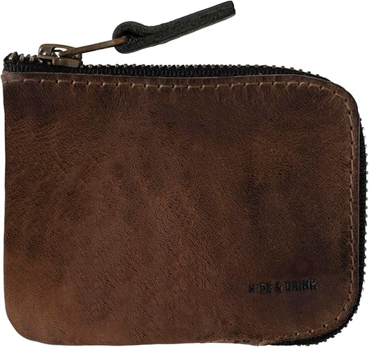Hide & Drink, Full Grain Leather Zippered Card Wallet for Men and Women, Coin Pouch, Money Holder, Pocket Organizer, Handmade, Bourbon Brown