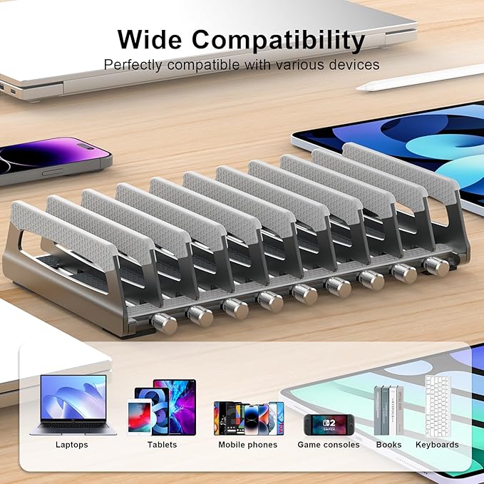 Elestoria 10-Slot Vertical Laptop Stand & Holder ??Adjustable Aluminum Laptop Stand Vertical for Desk Fits 10 Devices, MacBook & Gaming Laptops (Up to 17.3?? ??Space Saving Laptop Storage Rack - Grey
