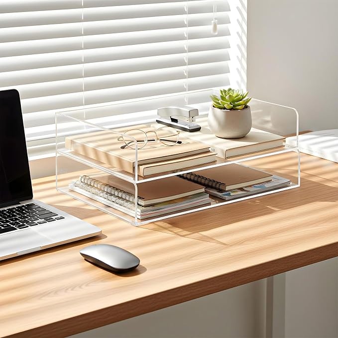 2 Pack Clear Acrylic Stackable Paper Letter Tray Organizer Desktop File Organizer for Office Workspace Document Storage, 12.4x8.7x2.75 Inch
