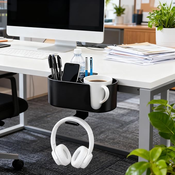 Desk Cup Holder 4 in 1 Detachable Clamp-on Under Desk Headphone Hanger for Expanding Office Pen Organizer Desktop Storage for Cup Phone Pen (Black)