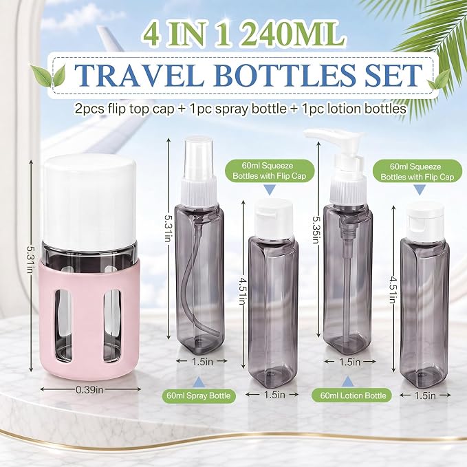 5 Pack 4 in 1 Travel Bottles Set Bulk, Leak Proof Travel Containers for Toiletries with Spray Bottle, Lotion Bottle and Flip Cap Bottles, Portable TSA Approved Trip Accessories