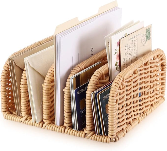 Rattan Mail Organizer for Desk Mail Holder Countertop with 5 Slot Rattan Letter Sorter File Holder Envelope Book Stand Farmhouse Office Desk Organizer and Storage Accessories