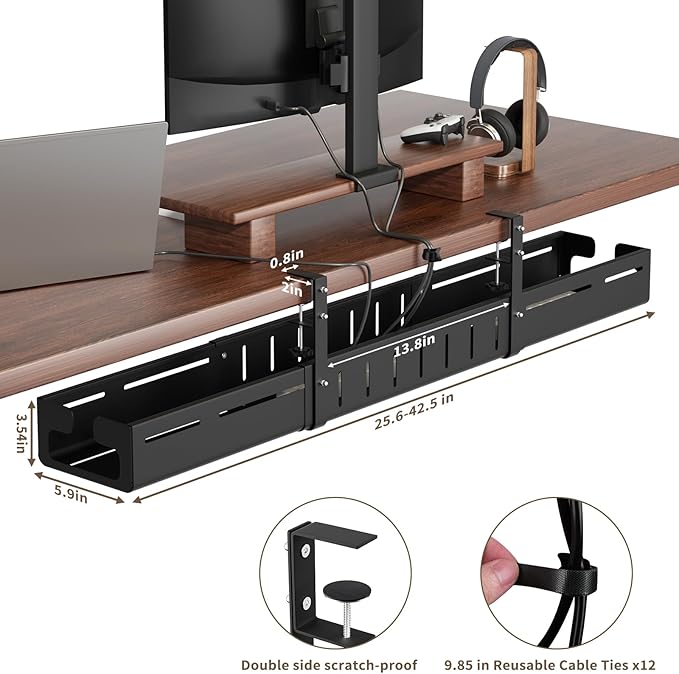 Under Desk Cable Management Tray, Expandable 25.6"–42.5" Heavy Duty Carbon Steel with Clamp, Hidden Cord Organizer for Desk, Home Office & Standing Desk, No Drill Installation, Black