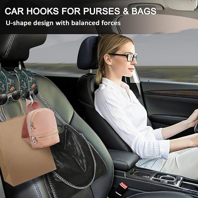 Blusabaca 2PCS Car Hooks for Purses Bags, Weeds Floral Flowers Wildflowers Plants Seat Back Storage Headrest Holder Hanger PU Leather Double Backseat Organizer, Women Car Accessories Organization
