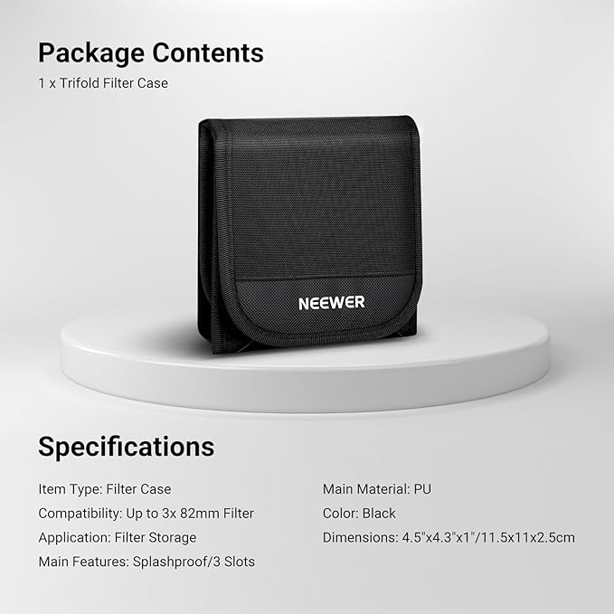NEEWER 82mm Filter Case, Trifold Foldable Splash Resistant Protective Carry Pouch Storage Bag Accessories, Holds Up to Three 82mm Round Camera Lens Filters, PB15