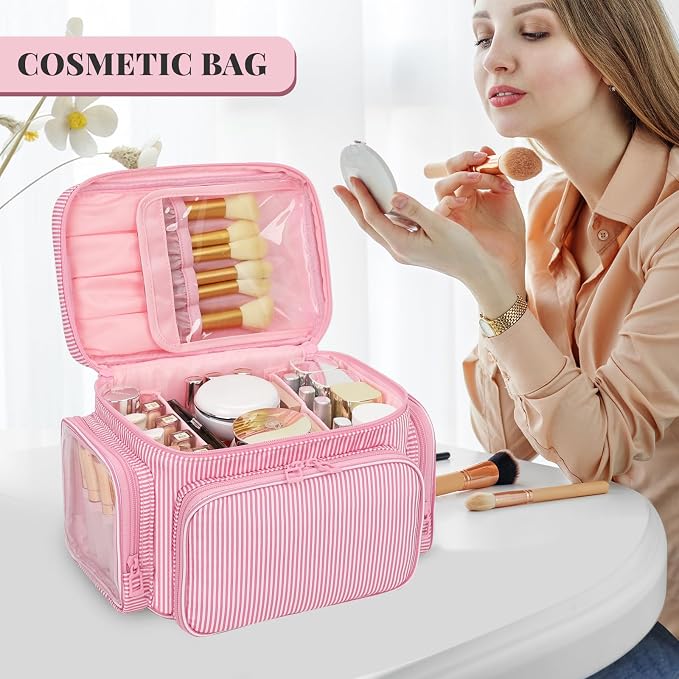 Large Makeup Bag, Portable Travel Makeup Bag Organizer for Women Girls with Makeup Brush Compartment & Two Side Pockets, Cosmetic Travel Bag Vertical Storage Toiletry Bag - Pink Stripe