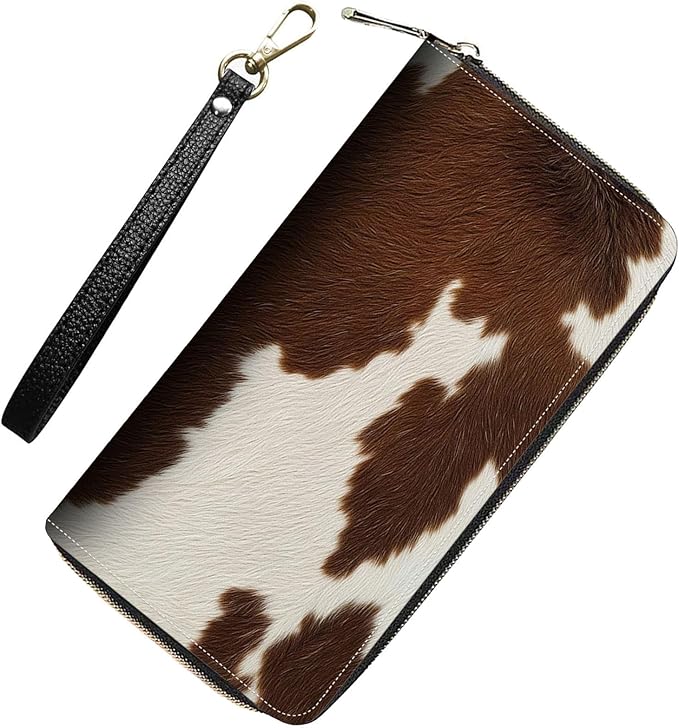 Womens Wallet,RFID Blocking Large Capacity Clutch,Zip Around Leather Purse with 8 Card Slots,Bill Compartments Coin Pocket - Brown and White Cowhide