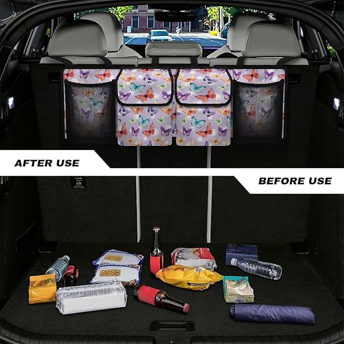 Colorful Butterfly Car Trunk Organizer Hanging Multipurpose Auto Backseat Storage Bag Universal Automotive Interior Accessories with 4 Pockets 3 Adjustable Straps