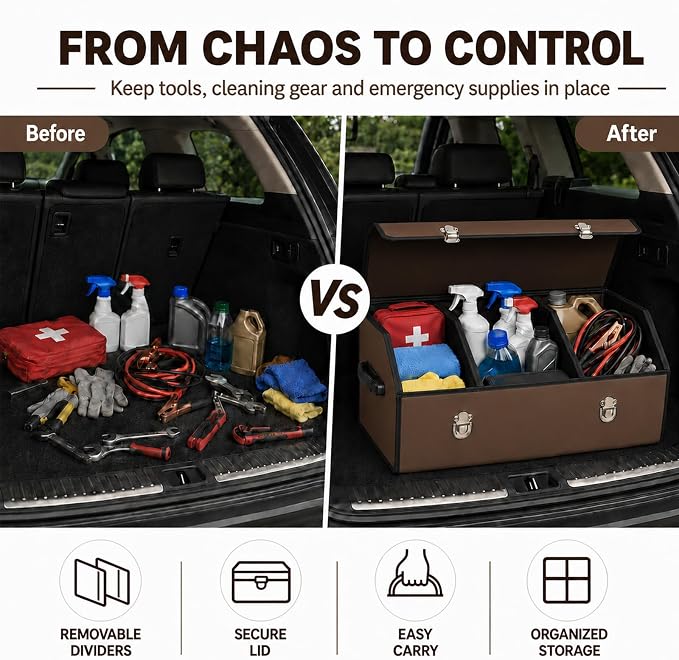 Car Trunk Organizer with Lid, Foldable Faux Leather Storage Box | Foldable design, faux leather exterior, 3 compartments