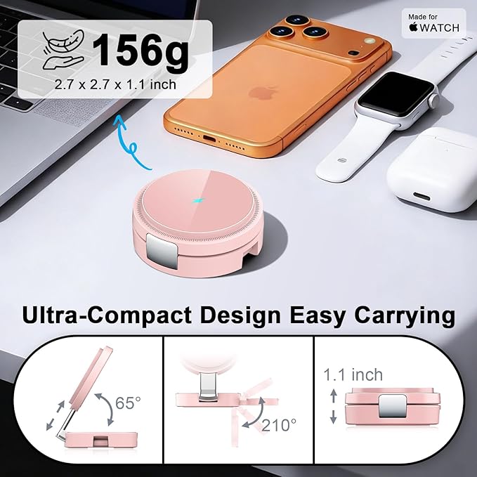 3 in 1 Magnetic Wireless Charging Station for iPhone 17/16/15/14/13/12 Series, Apple Watch and AirPods, MagSafe-Compatible 15W Fast Charging Stand, Foldable Adjustable Travel Charger, Pink
