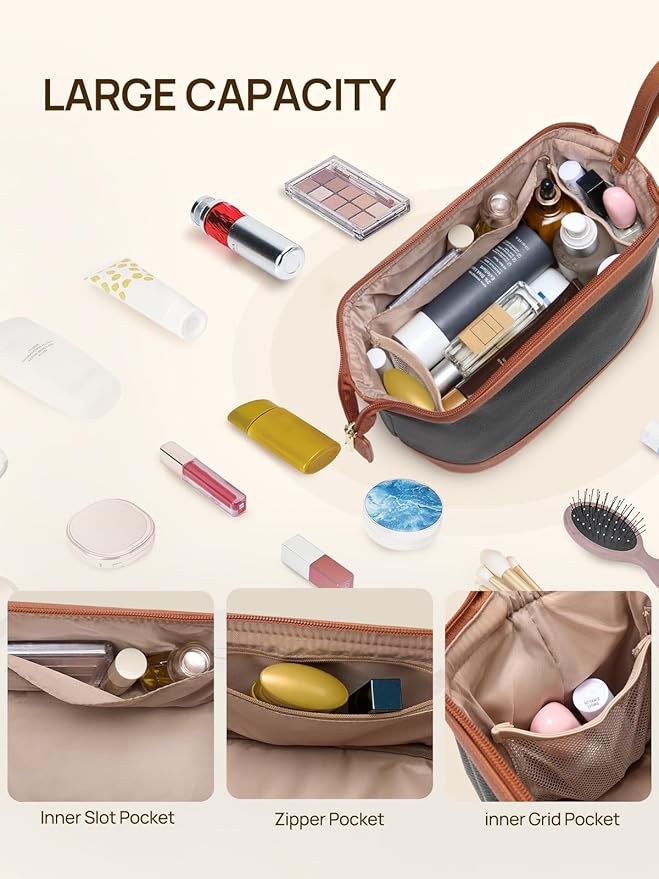 Telena Makeup Bag Large Capacity Travel Cosmetic Bag Portable PU Leather Water Resistant Makeup Organizer Bags for Women with Handle and Divider Open Flat (3-Black with Brown)