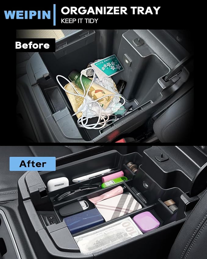 Silverado Sierra Center Console Organizer - Compatible with 2019-2022 Chevy Silverado/GMC Sierra 1500 and 2020-2023 Silverado/Sierra 2500HD 3500HD Armrest - (Full Console w/Bucket Seats ONLY) - Black