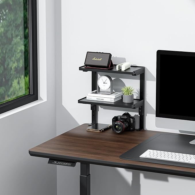 Spacrea clamp on Desk Shelf, 2 Tier Office Desk Shelves Organizer, Wood Desktop Supplies Storage Rack, Desk Organizers and Accessories (Black)