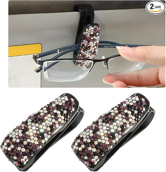 Wevdn 2 PCS Car Sun Visor Glasses Holder, Fashion Bling Car Eyeglasses Sunglasses Hanger for Women Girls, Glasses Holder Clip Hanger Mount with Ticket Card Clip, Car Accessories (Purple Colorful)