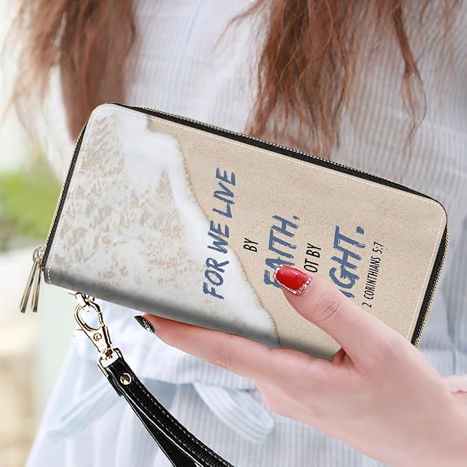 Women's Large Capacity Wallet PU Leather Double Zipper Clutch Purse Multifunctional Wallet with Removable Wristlet Strap for Smart Phone/Coin/Card/Cash, Beach Waves Quote 2 Corinthians 5:7