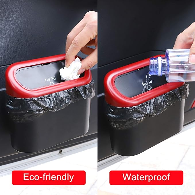 Accmor Car Trash Can with Lid, 2 Packs Mini Vehicle Trash Bin Car Dustbin Garbage Organizer Holder with 2 Roll Trash Bag, Portable Hanging Leakproof Cars Storage Bag Container for Auto, SUV (Red)