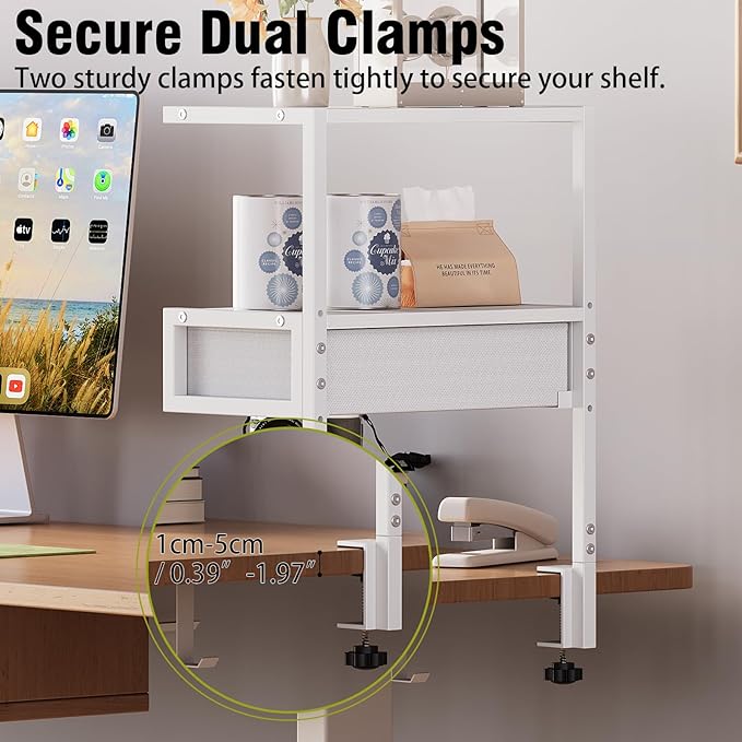 VENNQD Clamp On Desk Shelf, 2-Tier Desktop Organizer, Wood Desktop Supplies Tabletop Book Storage Rack with Adjustable Shelves for Table Working and Gaming Accessories, White