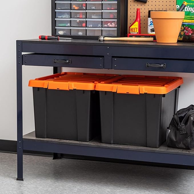 IRIS USA 20 Gallon Lockable Storage Bins with Lids, 4 Pack - Made in USA, Heavy Duty, Stackable Containers, Garage Organizing Bins Moving Tubs, Rugged Sturdy Equipment Utility Box - Black/Orange