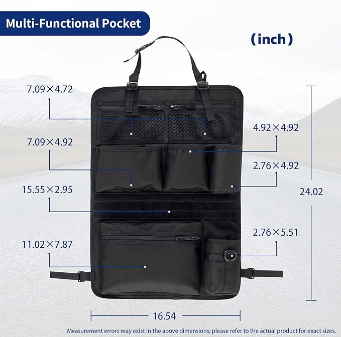 Backseat Car Organizer,Tactical Car Seat Back Organizer, Kick Mats Back Seat Protector with Three Zippered Storage pockets, Travel Accessories with 8 Storage Pockets And DIY zone (Black)