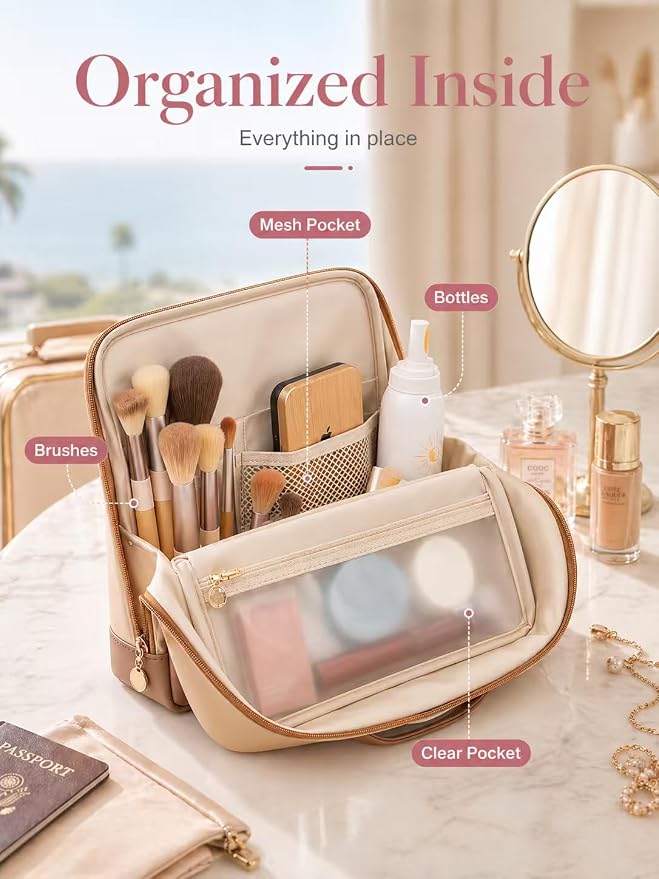 Large Travel Makeup Bag for Women, Large Makeup Bag Organizer with Brush Compartment, Upright Cosmetic Bag and Toiletry Bag, Wipe-Clean PU Makeup Pouch, Brown