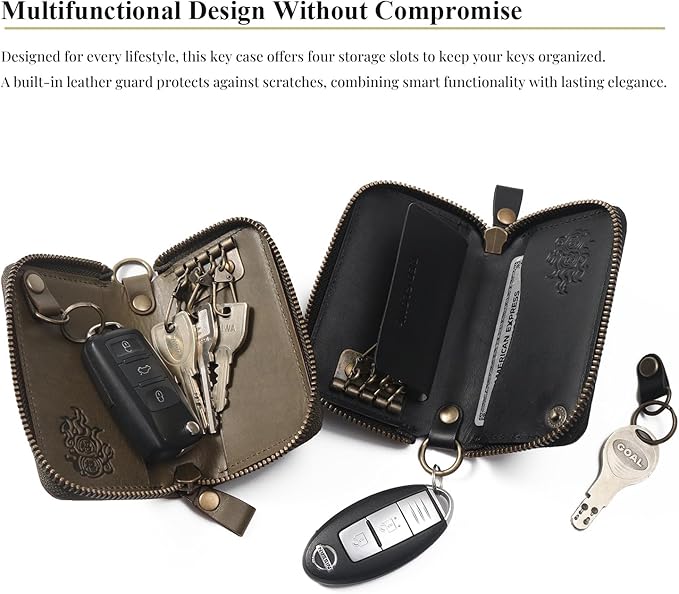 Red Glow Men’s Genuine Leather Smart Key Case, Multi-Function Dragon Pattern with 4 Key Rings & Removable Ring (RG-009)