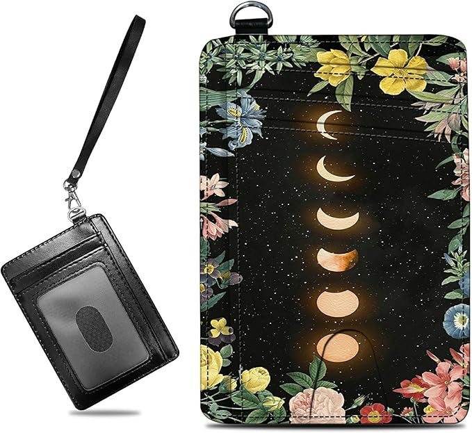 Small Travel Wallets, Moon Flower Slim Minimalist Front Pocket Wallet with Wristlet, RFID Blocking PU Leather Credit Card Holder with ID Window Change Purse for Men Women