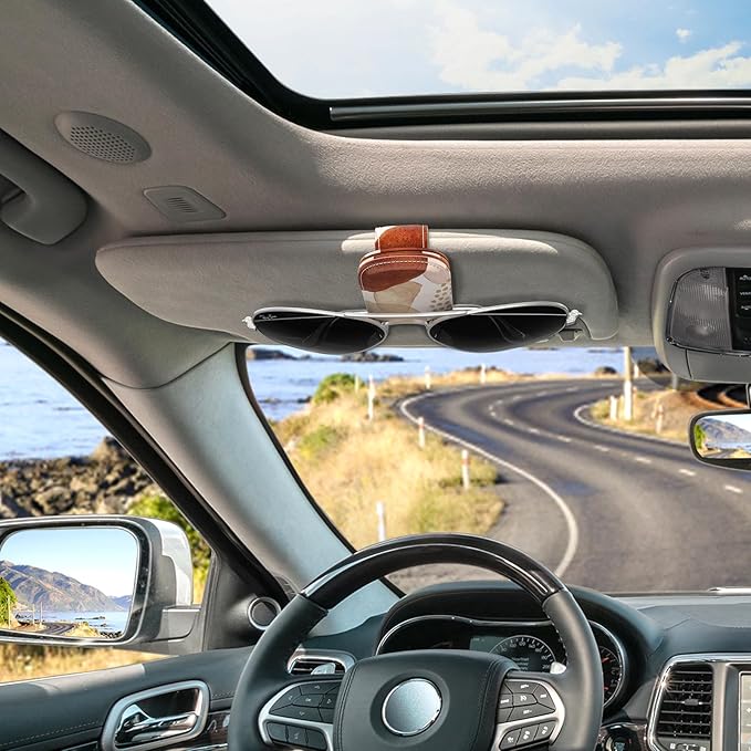 Sunglasses Holder for Car Visor, Magnetic Leather Car Sunglass Holder, Car Sun Visor Glasses Hanger Clip, Car Interior Accessories for Women Men, Fits All Size Eyeglasses