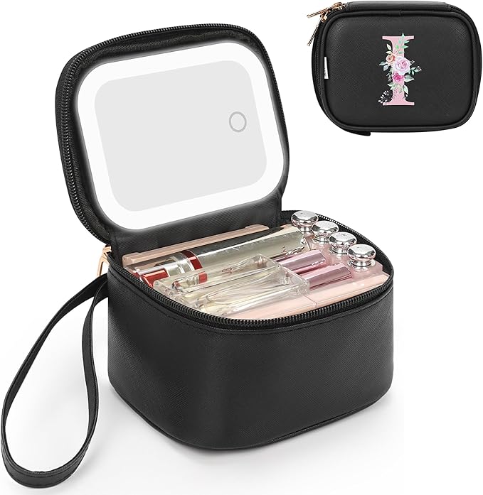 Relavel Initial Makeup Bag with Led Mirror for Women Girls, Mini Personalized Cosmetic Bag with Adjustable Brightness, Rechargeable Make Up Bags Pouch for Birthday Gifts - Black I