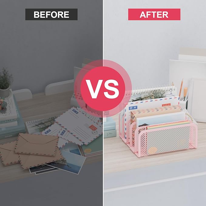 Mail Organizer Countertop, Metal File Holder with 5-Slot, Small Desk File Organizer for Letter, Bill, Mail Sorter, Desktop Letter Folder Holders for Office, Home, School (Pink)