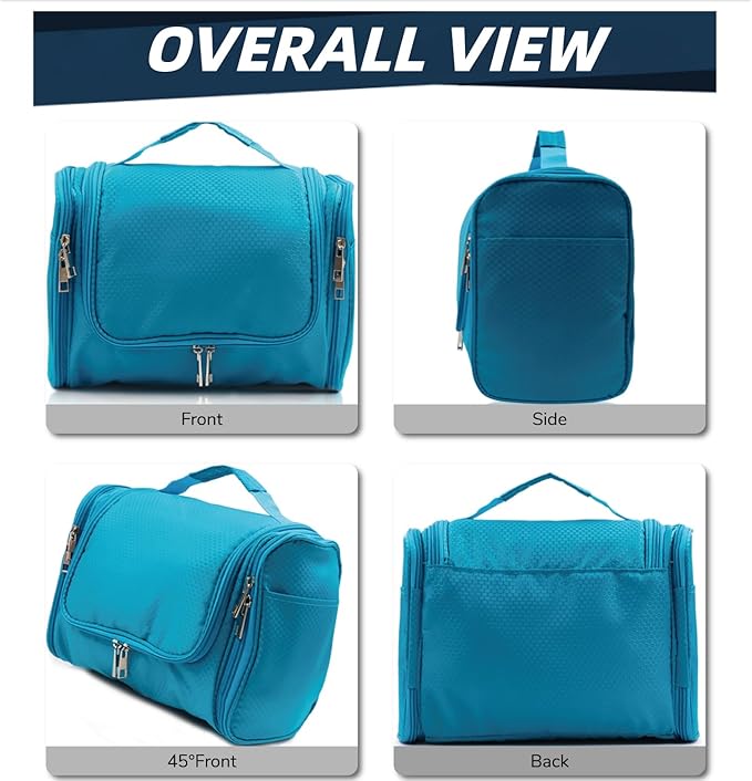 Buruis Hanging Toiletry Bag for Women and Men, Large Water-Resistant Makeup Organizer with Sturdy Hook, Lightweight Nylon Dopp Kit for Full-Sized Toiletries & Cosmetics, Light Blue
