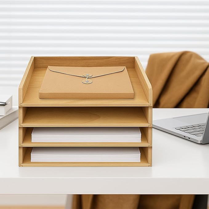 PROLEE Wooden Paper Tray Organizer for Desk, Stackable Paper Holder and Letter Tray, 4-Tier Desktop File Storage Rack for Study,Home and Office (Oak, 14" x 9.5" x 2.5")