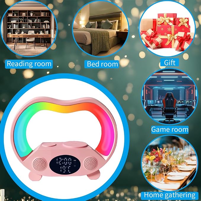 IHAO 6in1 Multi Functional Wireless Charger Bluetooth Speaker Time&Temperature Display Alarm Clock 7-Color LED Night Lights Fast Charger for Phone Apple Watch Earbuds Remote Control-Black
