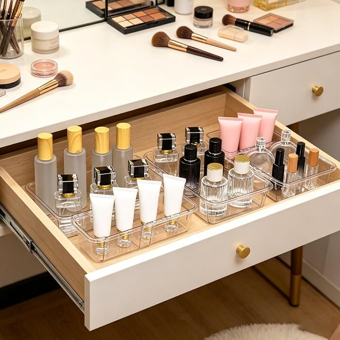 15 PCS Expandable Drawer Organizer Set, Adjustable Acrylic Drawer Dividers, Clear 2-Size Storage Bins for Makeup Organization, Vanity, Desk, Kitchen Drawers