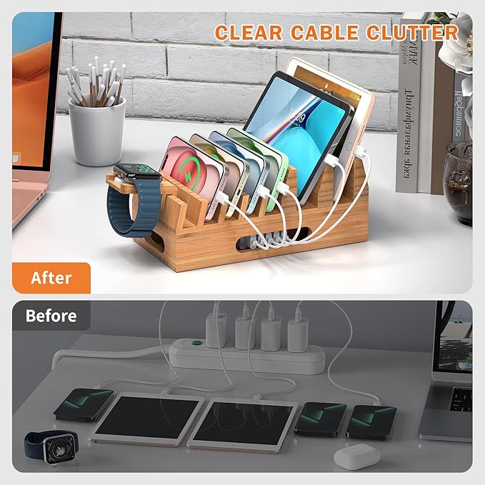 Pezin & Hulin Bamboo Charging Station Organizer for Multiple Devices & Wood Desktop Docking Charging Stand Such As Cell Phone, Tablets, Phone Case and Watch Stand(No USB Charger)