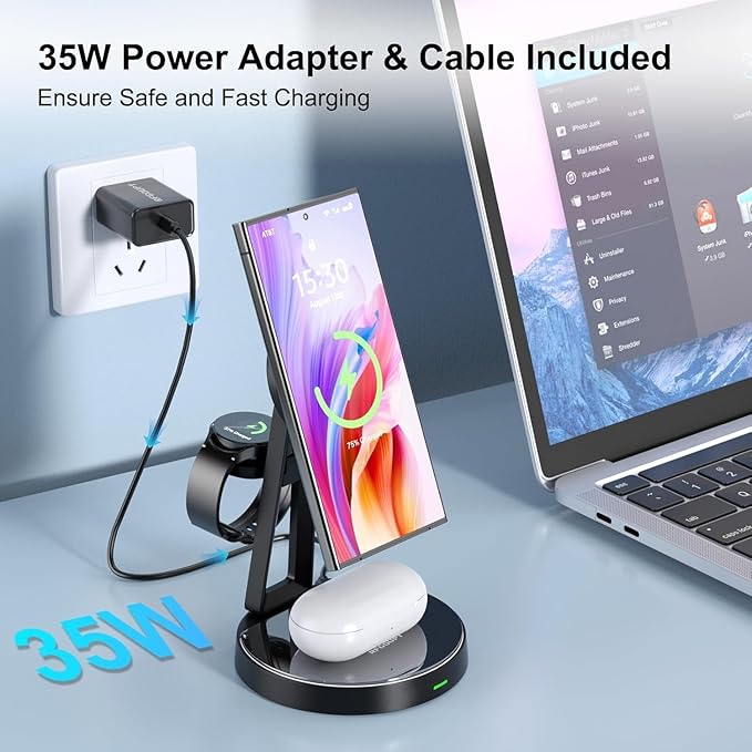Wireless Samsung Charger | 3-in-1 Charging Station for Samsung Galaxy S25/S24/S23/S22 and Apple Watch 7/6/5/AirPods | MagSafe Charger for iPhone 16/15/14/13/12 |Compatible with Apple Watch and AirPods