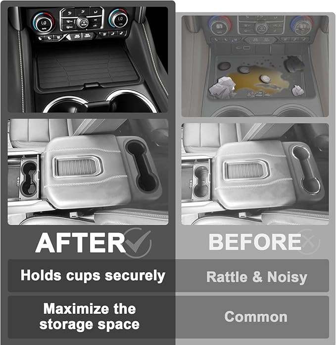 Muslogy Front Center Console Organizer & Cup Holder Inserts Compatible with 2021-2024 GMC Yukon Chevy Tahoe Suburban Accessories Front & Rear Silicone Drink Holder 2PCS & Middle Console Removable Lid