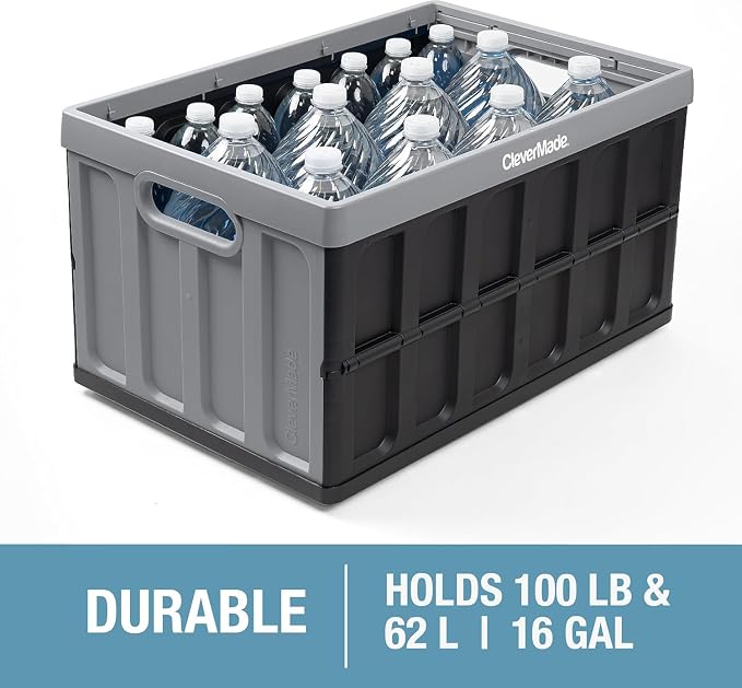 CleverMade Collapsible Storage Bins with Lids (62L, 3 Pack) – Heavy Duty Foldable Plastic Storage Crates for Garage, Closet & Trunk Organization - Stone