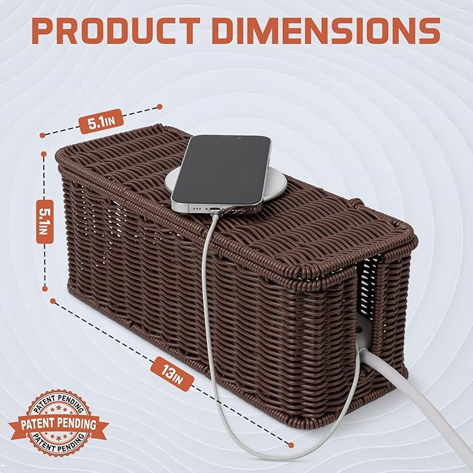 Cable Management Box, Handmade Rattan Cable Organizer with 2 Open Slots, Cord Hider for Power Strip, Router & USB Hub, Registered U.S. Design Patent (D1,112,102), 13" x 5.1" x 5.1", Brown